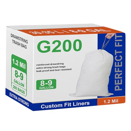 Image of Perfect Fits Code G 200 Count Compatible with simpIehuman Code G Heavy Duty Trash Bags 1.2 Mil THICK White Garbage Can Liners Reinforced Drawstring Plastic Trash Bags 8-9 Gallon 200 Count GRAND SAVE