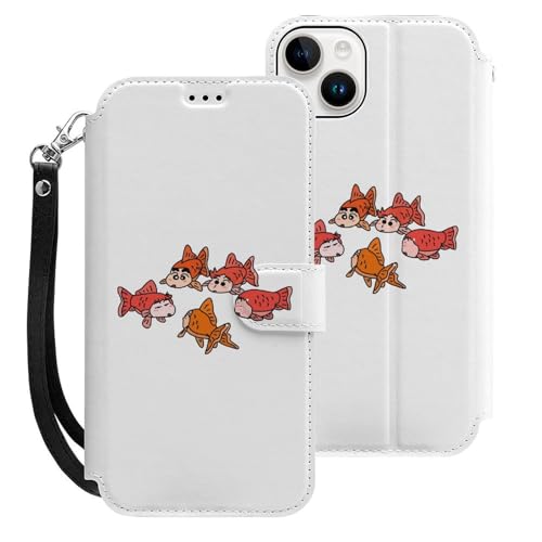 クレヨンしんちゃん 魚 iPhone15Plus用ケース 手帳型 スマホケース アイホン15Plus用 財布型カバー カードポケット スタンド機能 誕生日ギフト 人気 男女兼用