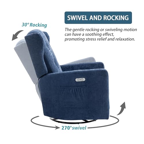 Image of Ketaiyou Power Swivel Rocking Recliner Chair, Electric Rocker Nursery Glider Chair, USB and Type-C Ports, Upholstered Fabric Reclining Single Sofa Chair for Living Room (Blue)