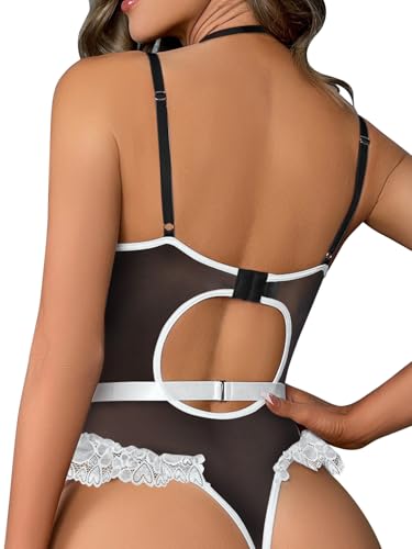Image of Lilosy Sexy Stocking Lace Mesh Bodysuit Top Underwire Garter Lingerie Set 3 Piece