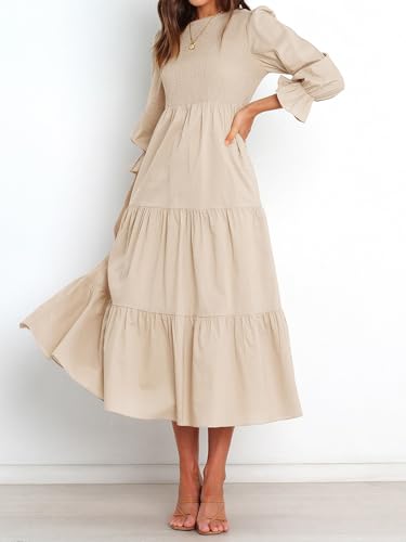 BTFBM Women Casual Long Sleeve Crew Neck Fall Dress Bohemian Relaxed Fit Floral Flowy Maxi Dresses Tiered Cocktail Dress