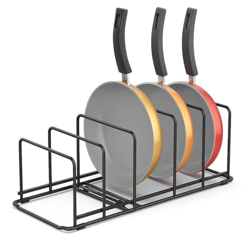 Image of Black Iron Dish Rack Organizer - Space-Saving Countertop Pan Pot Lid Stand with 6 Slots, 17 inch L x 7 inch W x 6 inch H - Heavy-Duty Kitchen Storage Rack