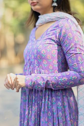 Image of Nermosa Women Printed Anarkali Kurta and Pant Set with Dupatta