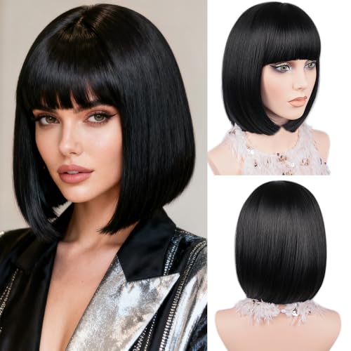 MAYSA Black Bob Wigs with Flat Bangs for Women Short Straight Black Wig Includ Wig Cap Synthetic Daily Party Natural Looking Wigs 12Inch #1B ﻿