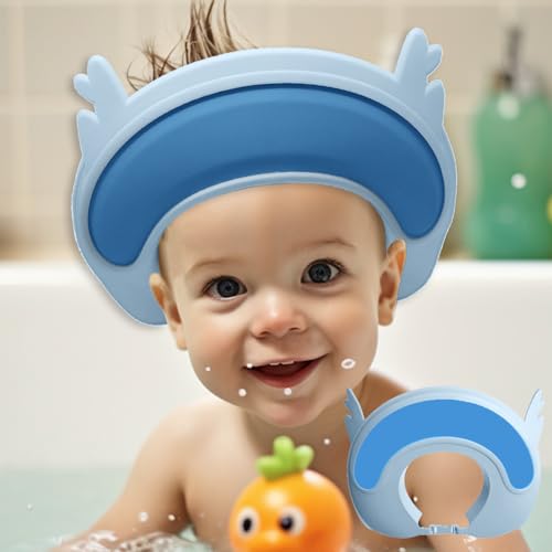 Image of Thcbme Baby Shower Cap Shield, 2024 New Shower Cap for Kids, Visor Hat for Eye and Ear Protection for 0-9 Years Old Children,Cute Fawn/kitten shape Makes the Baby Bath More Fun (Blue Fawn)