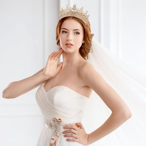 Image of Fesciory Birthday Crown for Women, Gold Plated Crystal Tiara with Sash