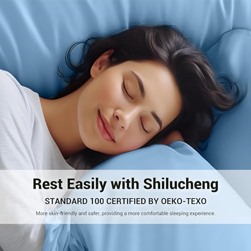 Image of Shilucheng 4 Piece Queen Sheet Sets, Cooling Sheets, Blend Rayon Derived from Bamboo, Deep Pocket Up to 16 inch, Breathable & Soft Bed Sheets, Hotel Silky Bedding Set, Lake Blue