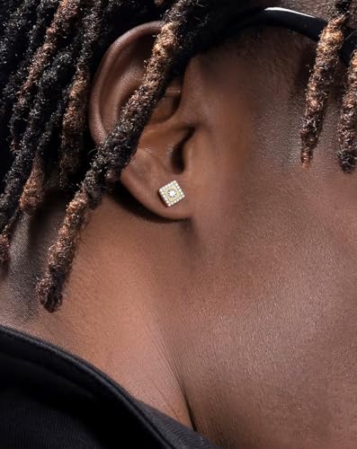 Moissanite Earrings for Men, Lab Diamond Cluster Studs Sterling Silver 18K Gold Plated Hypoallergenic Iced Out Big Hip Hop Earring Square Push Back with VVS1 GRA Certified 8/9/10MM4