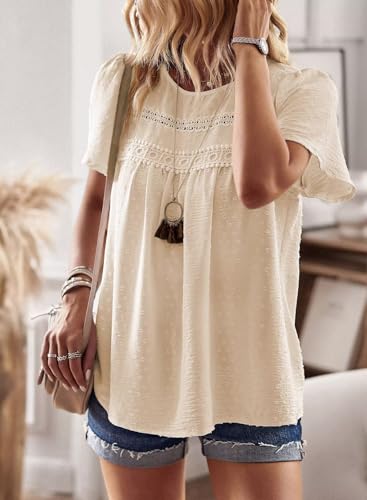 Image of Falechay Womens Summer Tops Crewneck Short Sleeve Shirts Casual Chiffon Blouses Flowy Lace Hem Boho Clothing Trendy 2026