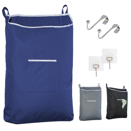 Fine Living Co. Large Hanging Laundry Hamper with Over Door Hooks & Adhesive, Durable Space Saving Laundry Bag with Zipper and Wide Open Top, Hanging Dorm Laundry Hamper (Navy Blue-XL)