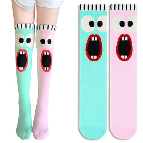 SFGHOUSE 2 Pairs Fun Socks for Girls Knee High Socks Long Kids Funny Boot Cute Child Socks (US Age 6 Years 12 Years pink and green)