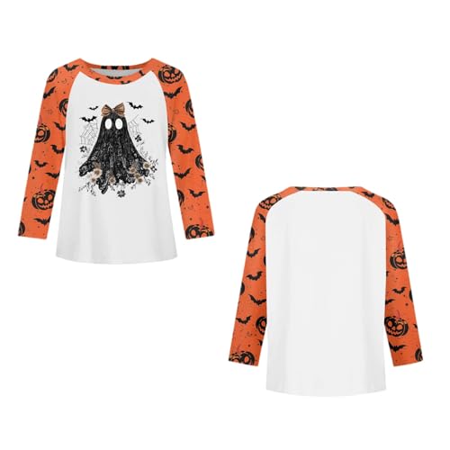 Halloween Girls Raglan Shirt Cute Witch Print Pumpkin Bat Pattern 3/4 Sleeve Casual Top Holiday Party Tee2