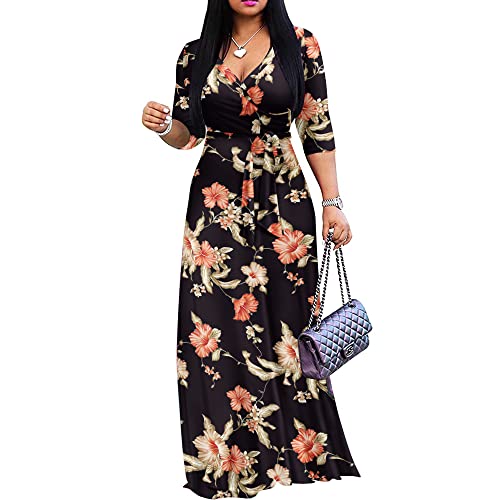 Image of FANDEE Plus Size Maxi Dress for Women Casual Summer Sundress V-Neck 3 /4 Sleeve