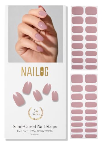 NAILOG Semi Cured Gel Nail Strips - 34Pcs Nude Pink Nail Stickers - Oatmeal