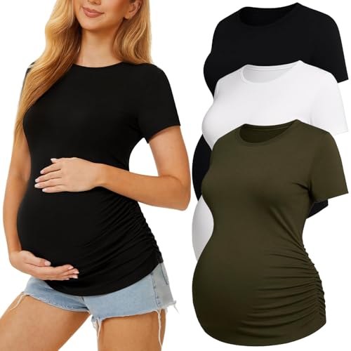 Image of MIRAZEN 3 Pack Womens Maternity Shirts - Crew Neck Maternity Top Short Sleeve Pregnancy Tee Shirts