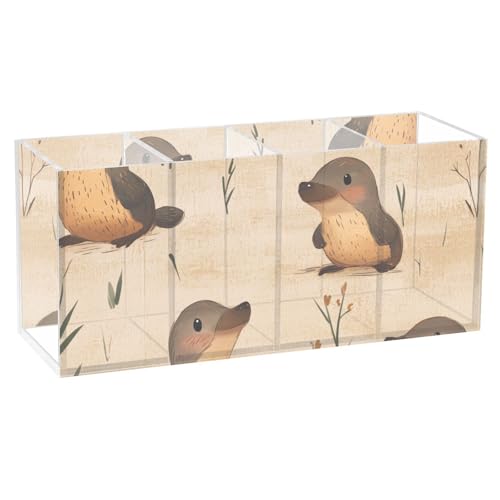 voucong Cartoon Platypus Porte-stylo en acrylique marron pour bureau 4 compartiments Organiseur de bureau en plastique transparent