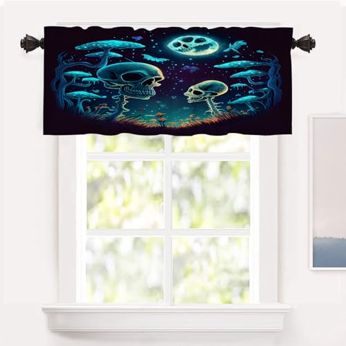 Shrahala Happy Halloween Funny Kitchen Valances, Skeletons Grass Mushrooms Starry Sky Half Window Curtain Window Treatment Multilayer Polyester Blackout for Living Room Bathroom 52 x 18 in
