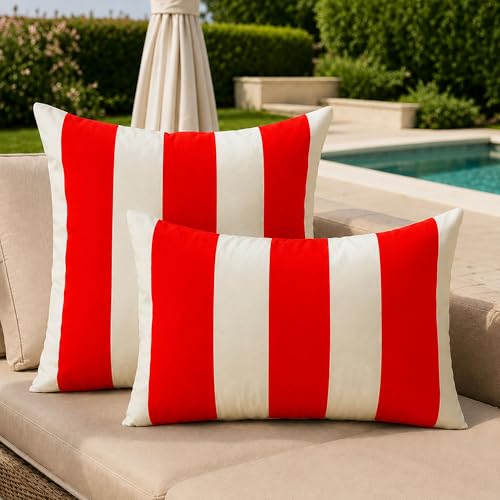 Image of Allorry Outdoor Pillow Covers 12x20 Set of 2 Orange Red Striped Decoration Throw Pillow Covers for Spring Summer Outdoor Waterproof Garden Patio Furniture Sofa Bed Home Decor JB007-G12