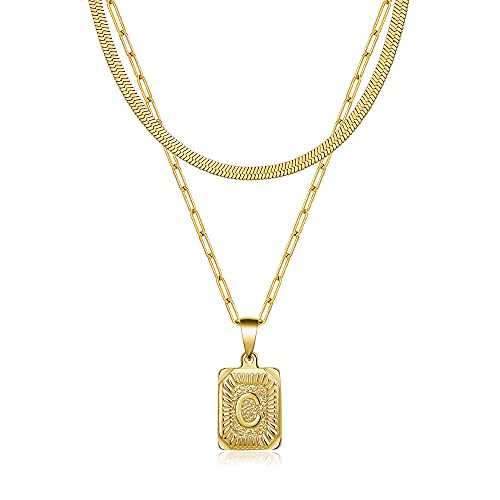 JoycuFF Gold Necklaces for Women Trendy 18K Gold Plated Paperclip Necklaces Herringbone Chain Simple Cute Letter Pendent Gold Initial Necklaces C