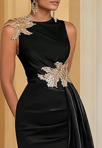 Sheath/Column Elegant Evening Dress Floor Length Sleeveless Jewel Neck Satin Wedding Guest Dress with Embroidery 20254