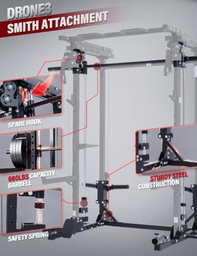 Image of MAJOR FITNESS Drone3 Smith Machine, 2500lbs All-in-One Home Gym Power Rack with Dual Pulley System for Cable Crossover, Pull-Up Bars