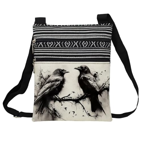 Ink Crow Messenger Bag Small Ethnic Pattern Printed Adjustable Strap Crossbody Zipper Bag Ink Crow Phone Bag Wallet Cute Shoulder Handbag for Women Friends -4 - Main Image