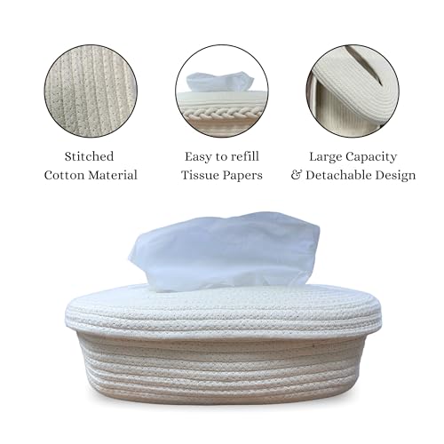 Image of BOBBINY Jute Cotton Tissue Box Holder, Handcrafted Tissue Container for 100 Pulls Natural Tissue Holder for Office Living Bedroom Car Desk Dining Table Home Decor (Off White, Design 1)