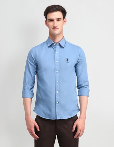 Image of U.S. Polo ASSN. Solid Slim Fit Shirts for Men - 100% Cotton, Full Sleeve Mens Casual Shirts