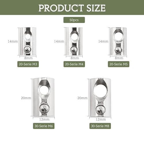 alwaiiz 50 Stück Nutensteine mit kugel Nut 8, 30-Serie M8 Kohlenstoffstahl Gleitmutter, T Nutsteine Schrauben Set mit Zentrierung Steg für Aluminiumprofil-Extrusionsschlitz