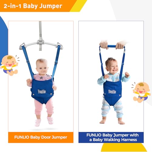 Image of FUNLIO 2 in 1 Baby Door Jumper with Door Clamp, Baby Walking Harness for 6-24 Months, Infant Jumper Doorway with Strong Spring & Adjustable Strap, Easy to Assemble & Store - Blue