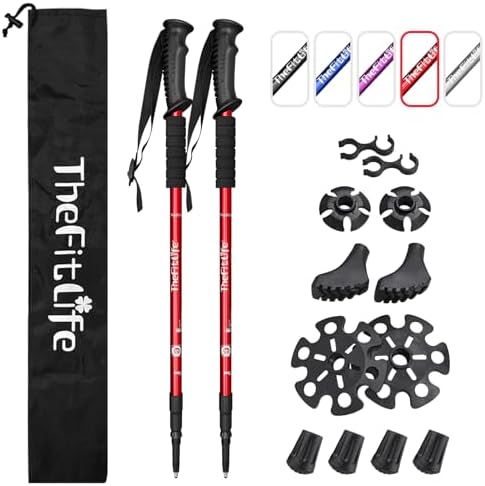 TheFitLife Nordic Walking Trekking Poles - 2 Packs with Antishock and Quick Lock System, Telescopic, Collapsible, Ultralight for Hiking, Camping, Mountaining, Backpacking, Walking, Trekking (Red)