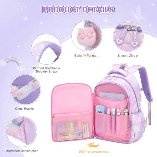 Backpack for Girls, 4PCS Rainbow Butterfly Girls Backpacks with Lunch Bag and Leak-proof Kids Bento Lunch Box for Teen Girl Children Students Kindergarten Elementary Middle School Book Bag3