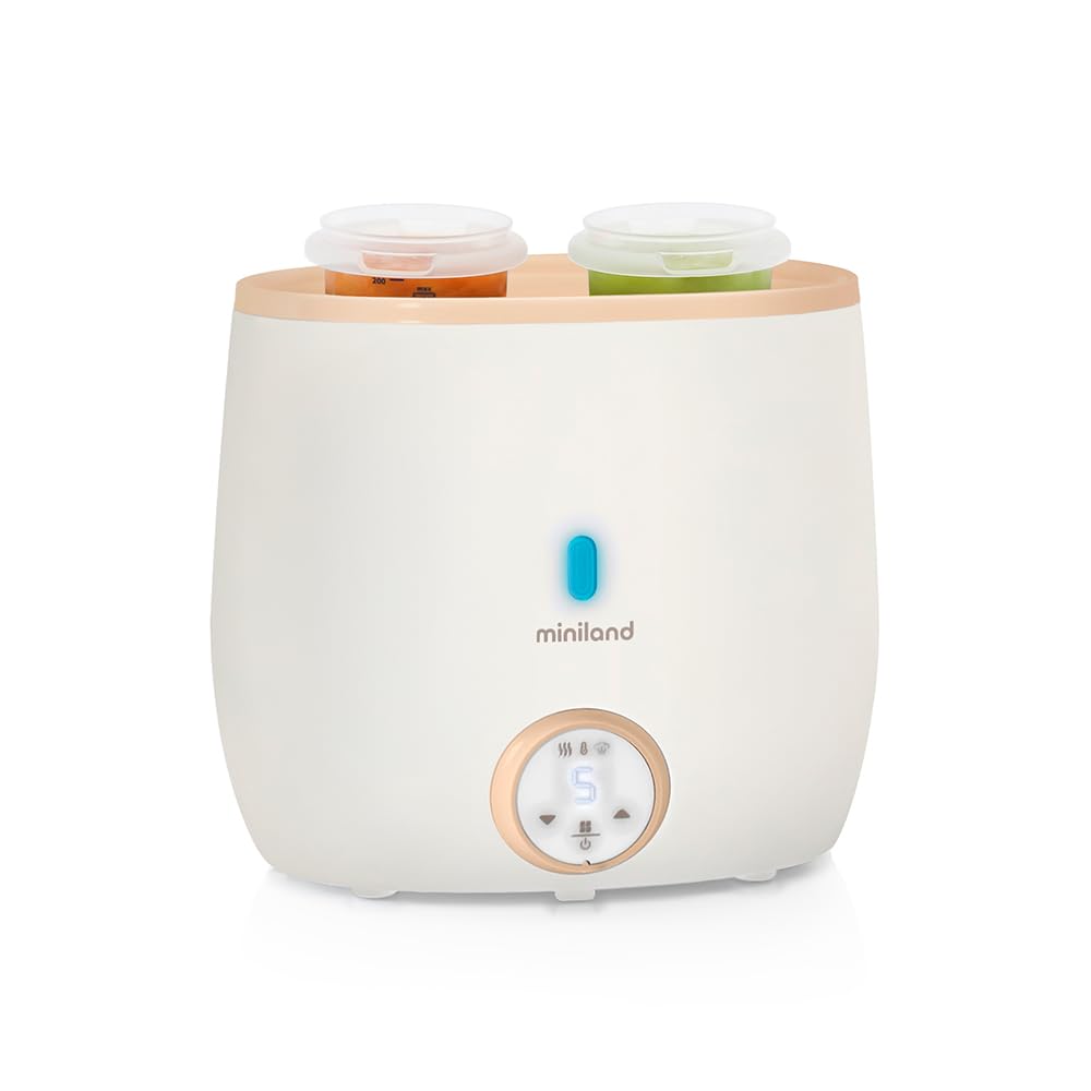 Miniland - Warmy Twin Calienta Biberones y Esterilizador, Calentador Rápido de Alimentos para Bebés 2-en-1, Calentador con Pantalla Digital Control Preciso Temperatura para Leche Materna (Beige)