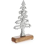 com-four® Deko-Aufsteller Tannenbaum - Metall-Baum auf Sockel aus Mangoholz - Weihnachtsbaum aus Metall zum Hinstellen - Christbaum-Deko (1 Stück - Tannenbaum)