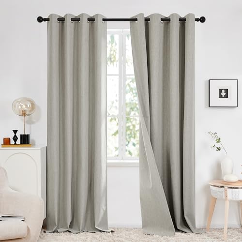 Deconovo 100% Blackout Curtains with Double-sided Faux Linen, Thermal Insulated Eyelet Door Curtains 84 Drop for Living Room, Linen Grey, 52x84 Inch(Width x Length), 2 Panels