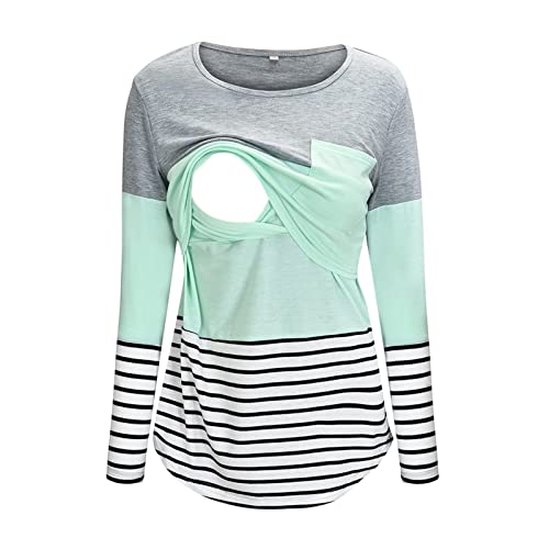 AMhomely UK Stock Clearance Maternity Round Neck Stripe Patchwork Long Sleeve Breast Feeding Pregnant Woman Nursing Blouse Tops T-Shirt