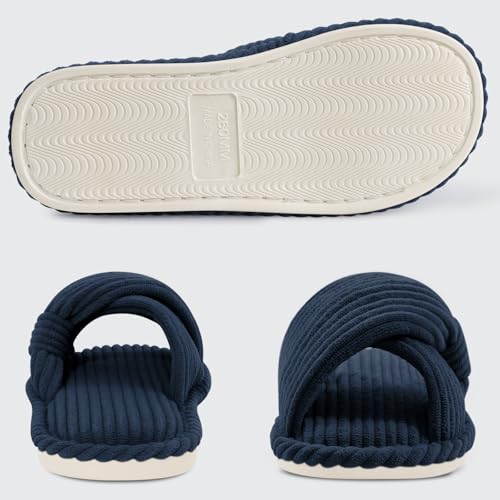 Image of Evshine Summer House Slippers for Women Corduroy Cross Bow Indoor Slippers Open Toe Slip On Bedroom Shoes with Memory Foam