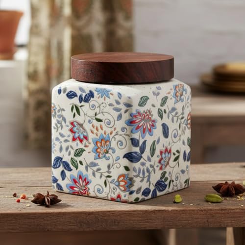Image of Vistas 'Blue Bloom' 1 Piece Airtight 400ml Square Ceramic Jar for Kitchen Storage | Handcrafted Ceramic Barni with Wooden Lid | Multipurpose Pickle, Spice & Salt Container