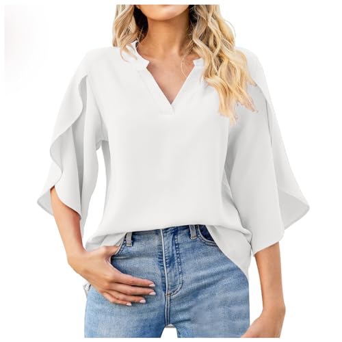 Generisch Nouvelles Femmes Mode pétale Manches hauts col en V en Mousseline de Soie Chemise (White,â€¦ – Vignette