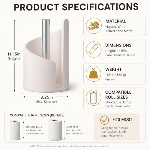 Paper Towel Holder Stand - Premium Wood Base with Metal Arm, Countertop Organizer for Kitchen & Dining Table Holds Mega Rolls, Rustic Home Decor-White by Natural Summertime - Used condition - Image 3
