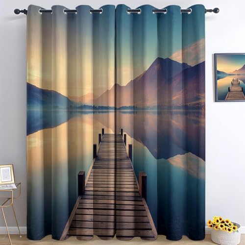 Generisch SurrealGardinen 2er Set, Blickdicht mit Ösen 245 x 280 (H x B) See Steg Sonnenuntergang Thermovorhang für Kinder Jugendzimmer Schlafzimmer Dekor - Mehrfarbig