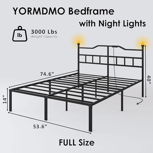 Full Bed Frame with Headboard, 14 inch Metal Bedframe with Entertainment Night Lights, Outlets & USB, Heavy Duty Basic Steel Slats Platform, Noise Free - Image 3