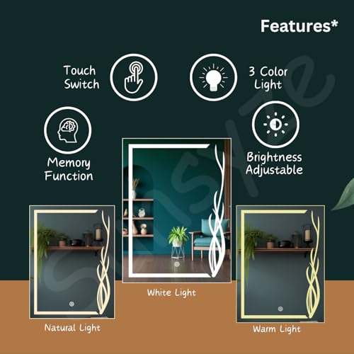 Image of Sunsyze Modern 18x24 Led Mirror for Bathroom & Bedroom, Mirror with Light, Touch Sensor Controlled with 3 Colour Lights and Brightness Adjustable