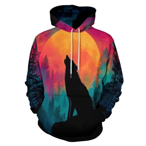 Sweat loup imprimé 3D pour couple pull à capuche turquoise look streetwear