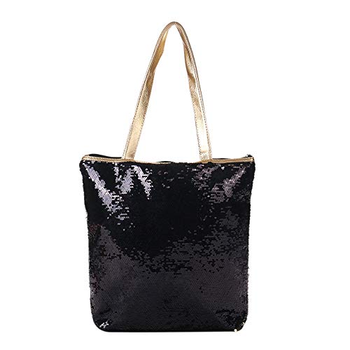 Libertroy Women Sequin Single Shoulder Bag - Women Sequin Single SHoulder Bag Colorful Ladies Daily Casual Outdoor Travel Handbag Large Capacity Shopping Bag - Black & Gold