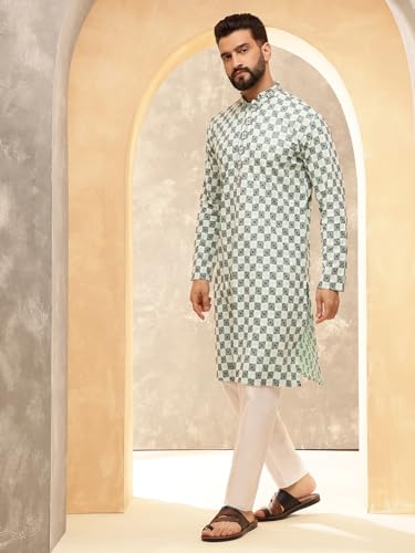 Image of SOJANYA (Since 1958 Men's Cotton Rayon Embroidered Sequinned Kurta with White Pyjama
