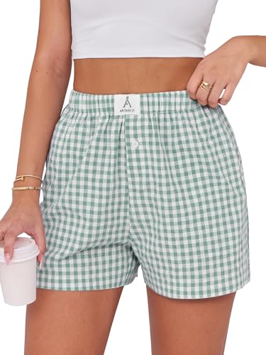ANRABESS Boxer Shorts for Women Gingham Pajama 2026 Summer Casual Lounge Sleep Plaid Shorts Y2K Beach Bottoms Green White Plaid Small