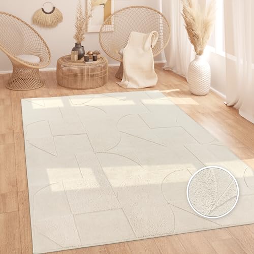 Paco Home Teppich Wohnzimmer Schlafzimmer Hochflor Skandinavisches Muster Boho Optik Weich Uni 3D Optik Abstrakt Waschbar Creme, Grösse:200x280 cm