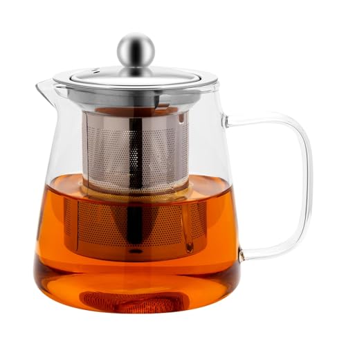 Teiera in Vetro Borosilicato 750 ml con Filtro, Bollitore da Cucina Sicuro per Piano Cottura, con Colino in Acciaio Inox 304, Tisaniera Infusiera per Foglie di Tè Sfuso,Tisane,Caffè,Teabloom