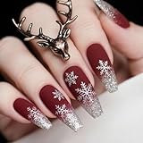 24Pcs Christmas Press on Nails Medium Square WLGDLH Red Fake Nails Silver Glitter with Snowflakes Design Glossy Full Cover Winter Glue on Nails Coffin False Nails Red Ombre Stick on Nail for Women